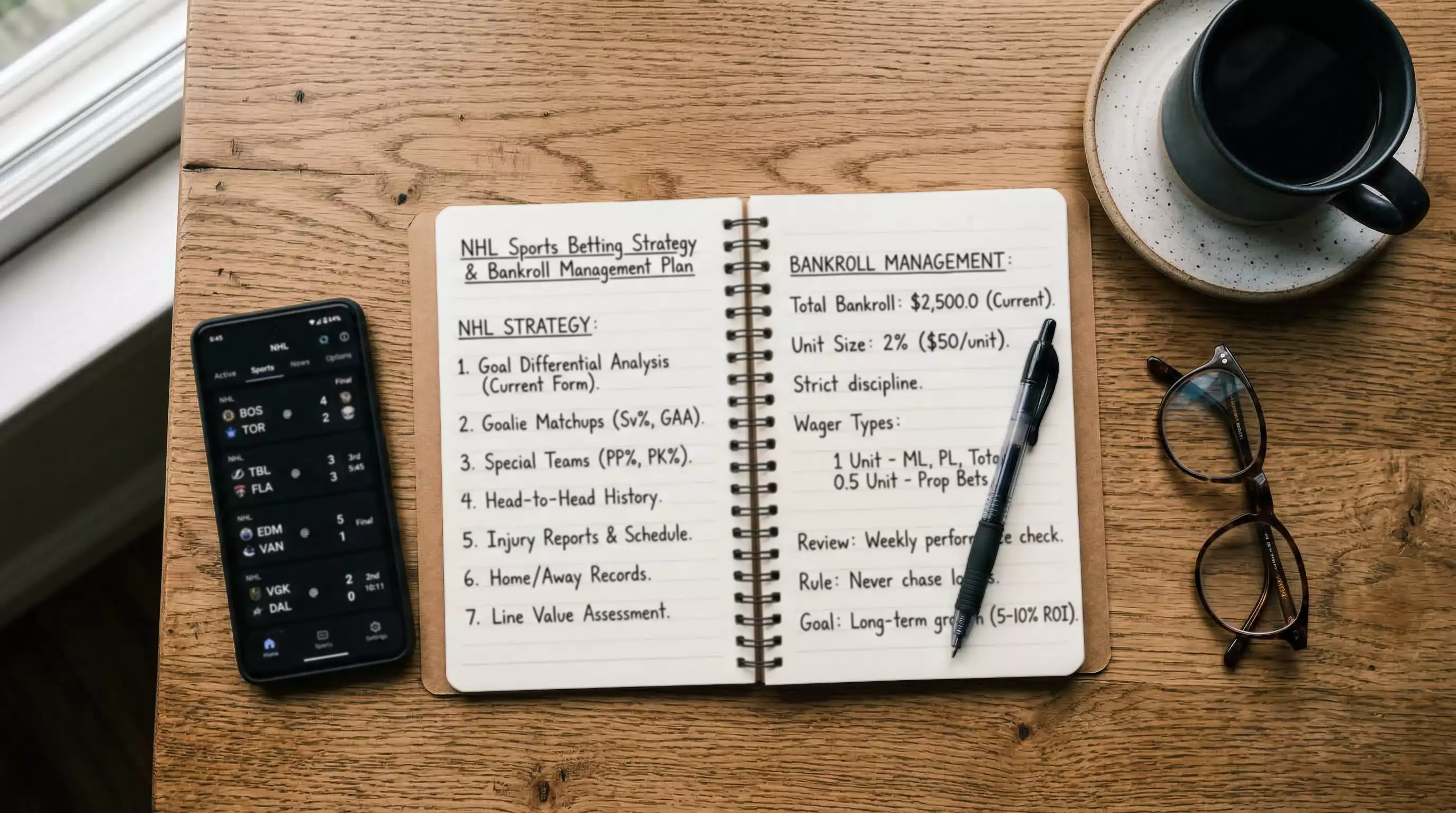 Persona planificando su estrategia de apuestas deportivas NHL con libreta y gráfico de gestión de bankroll