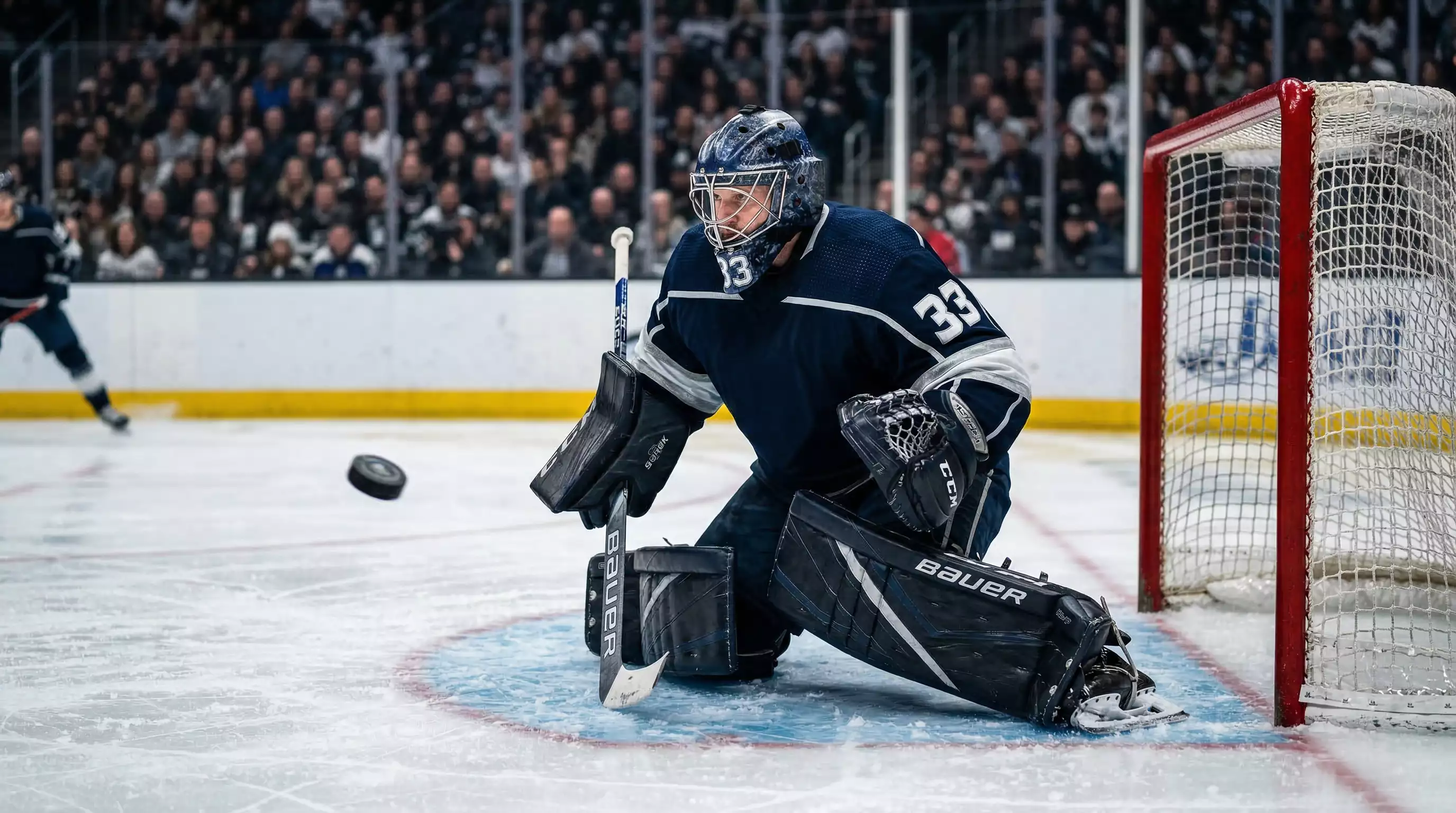 Portero de hockey sobre hielo en posición defensiva frente a la portería durante un partido de la NHL